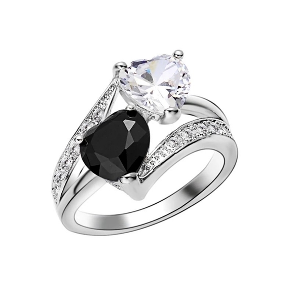 Heart Ring 2 heart stones Clear and Black Zircon Stones New with tags - Picture 2 of 3